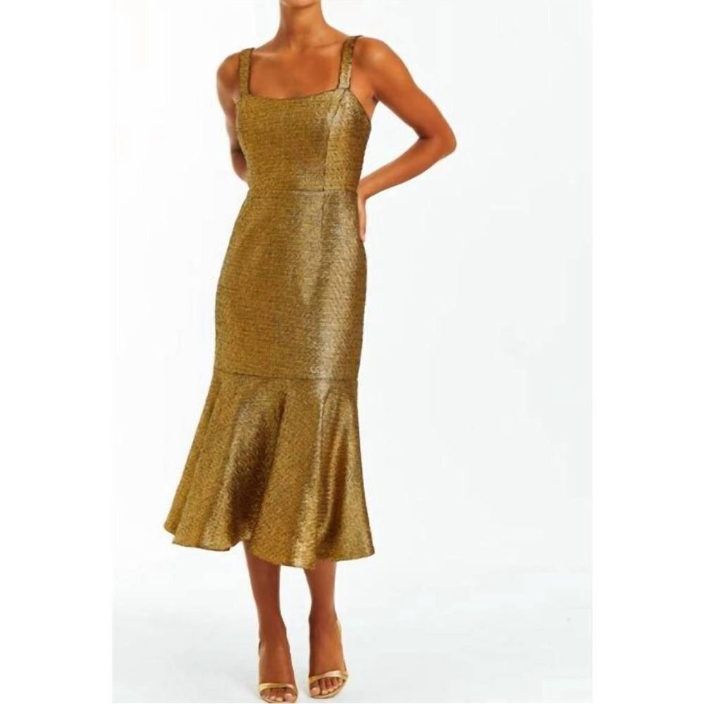 New MESTIZA NEW YORK Jody MIDI Dress in Gold Tweed Size 4